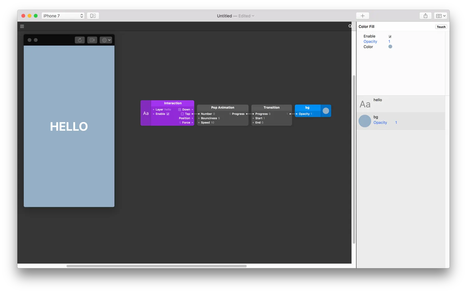 Initial layout of Origami Studio. Very simple layer view, property view, and floating preview windows. The main gray canvas is for the patch programming.