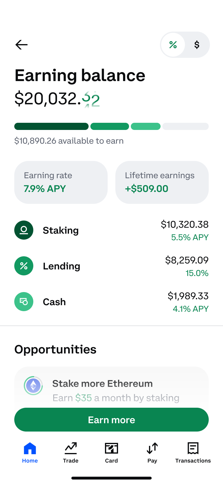 Earning balance screen